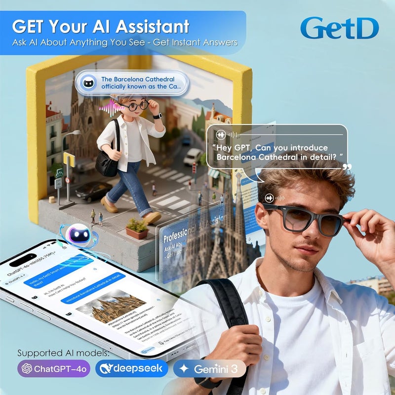 GetD 2026 AI Glasses for Men & Women, Smart Glasses Powered by ChatGPT, AI Real-time Translation with 145 Languages, 11H Music Play, Bluetooth Glasses with Photochromic Lens for Daily Use, Travel - Image 4